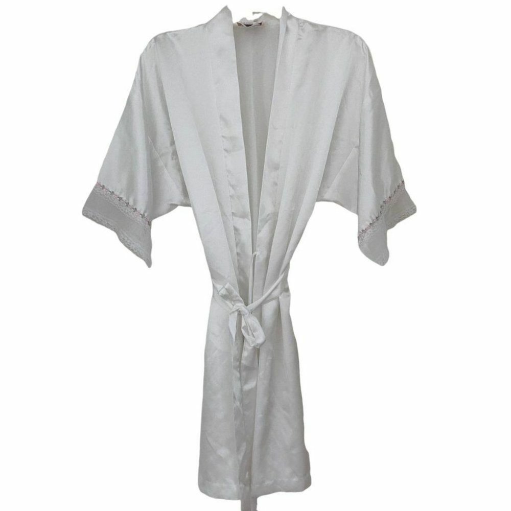 Vintage California Dynasty White Satin Belted Bridal Robe S Lace Floral Kimono